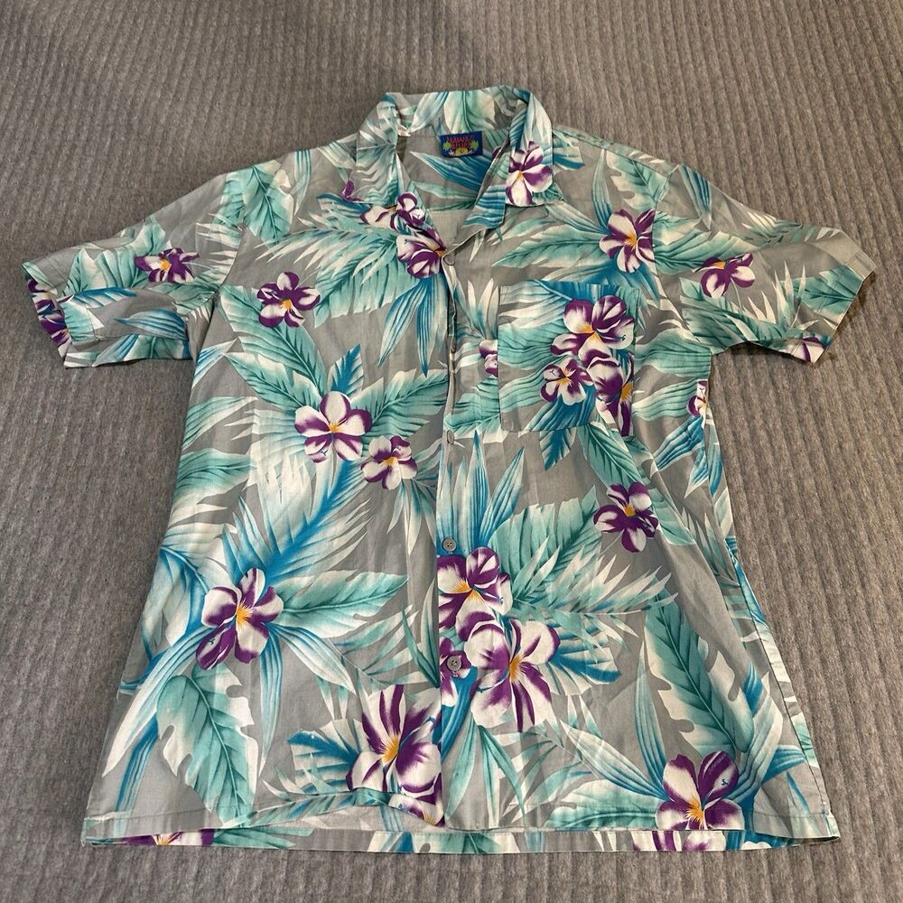 Vintage Hawaii Blues Men’s Gray Purple Green Floral Button-Up Shirt Summer L